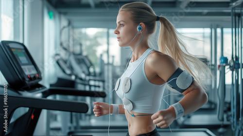 Side view of a blonde female athlete with ponytail, running on a treadmill with biometric sensors in a modern gym