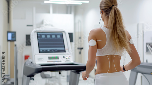 Back view of a woman running on a treadmill with sensors in a modern white laboratory for cardiovascular health testing