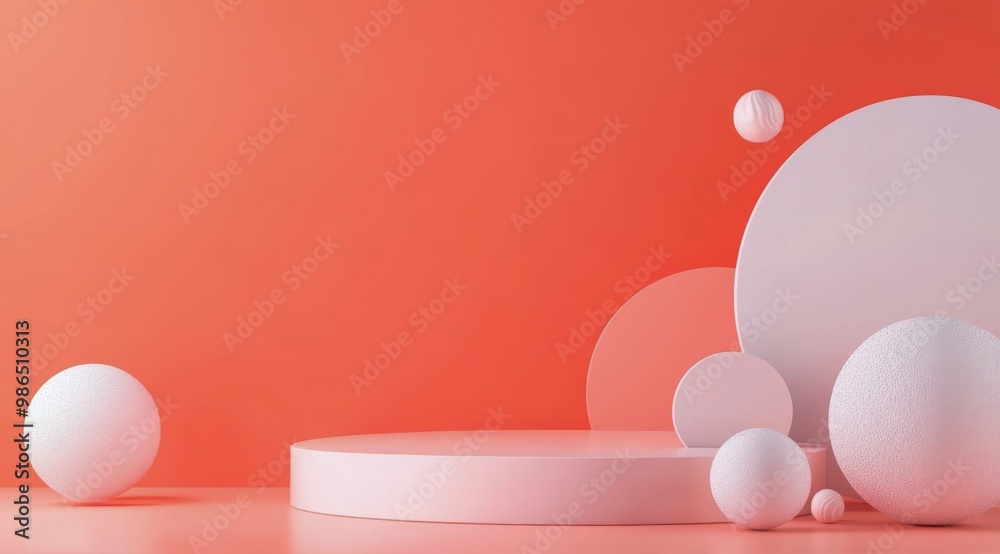 Soft pastel shapes create a modern artistic display on a coral background in a minimalist setting