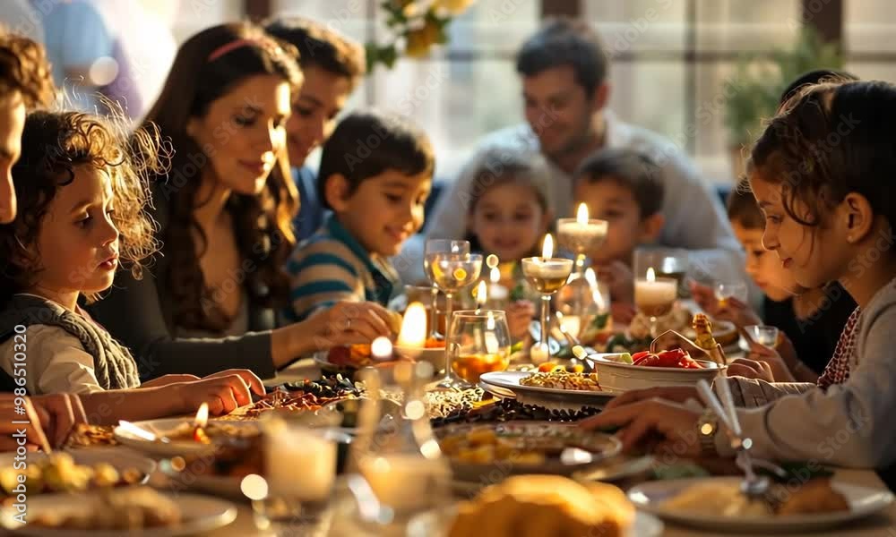 A family is gathered around a table with plates of food and lit candles 4K Video A family is gathered around a table with plates of food and lit candles 4K Video