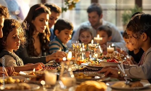 A family is gathered around a table with plates of food and lit candles 4K Video