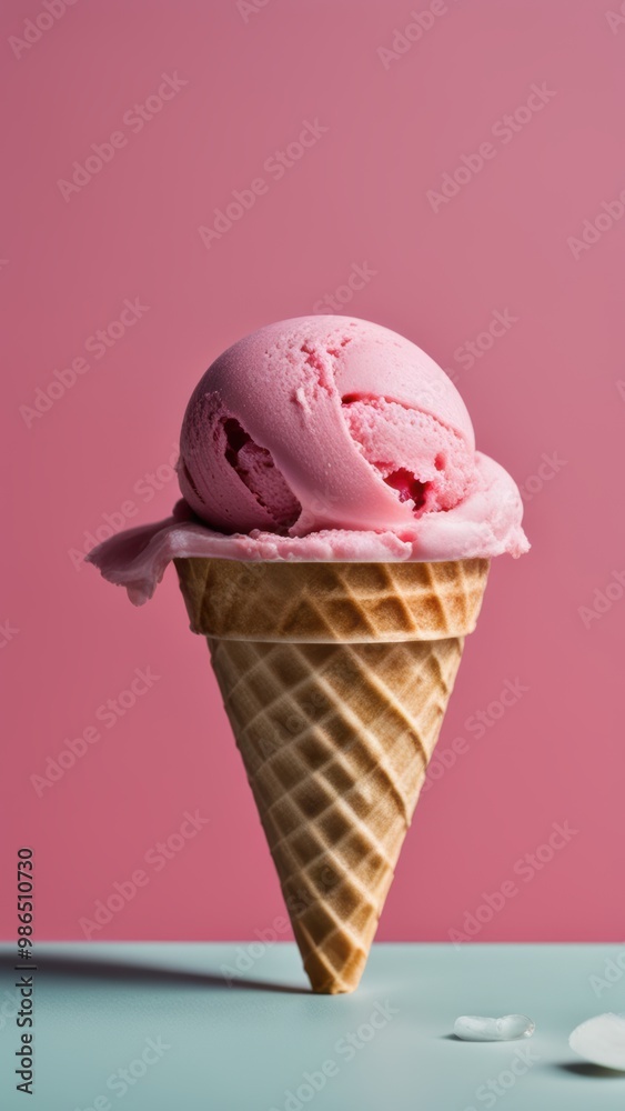 A single scoop of pink ice cream in a light brown waffle cone set against a soft pink-to-grey gradient. A single scoop of pink ice cream in a light brown waffle cone set against a soft pink-to-grey gradient.