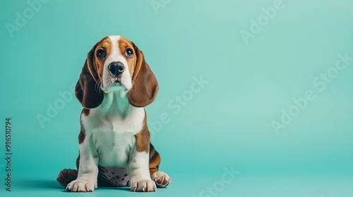 A cute Basset Hound puppy sitting on a solid soft teal background 