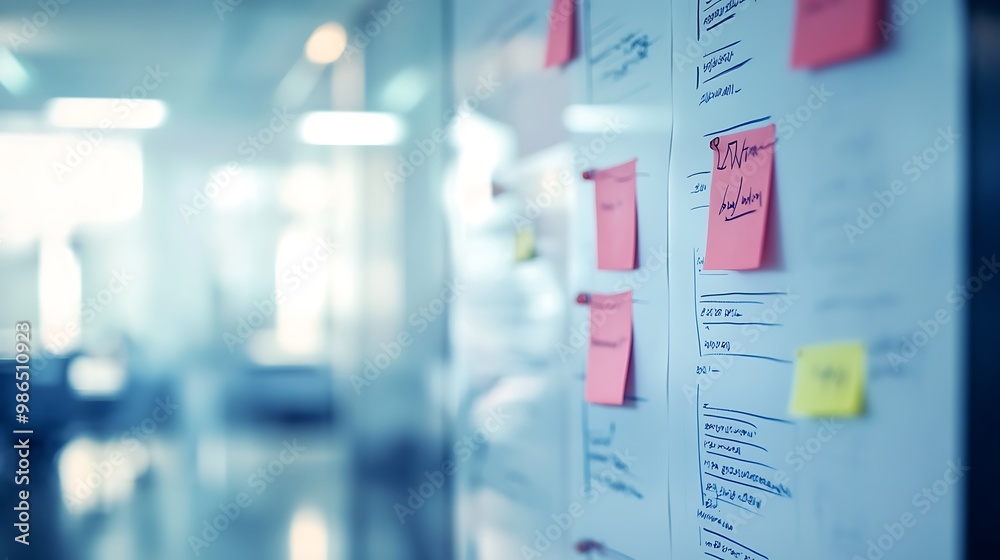 Whiteboard with Sticky Notes and Handwritten Notes in an Office Setting Whiteboard with Sticky Notes and Handwritten Notes in an Office Setting