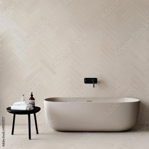 Beige herringbone tiles with a subtle sheen in a minimalist bathroom, minimalist bathroom tiles, contemporary style © Design@22