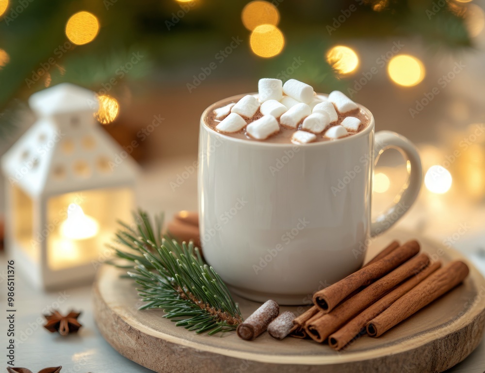 Warm holiday beverage with marshmallows and cinnamon near glowing festive lights Warm holiday beverage with marshmallows and cinnamon near glowing festive lights