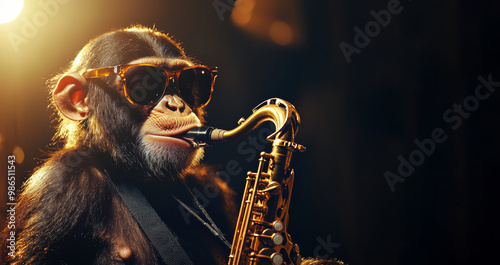 Fototapeta Naklejka Na Ścianę i Meble -  A chimpanzee playing the saxophone under warm lighting, giving off a cool and jazzy vibe. This image reflects creativity, music, and artistic expression with a playful and unexpected twist.