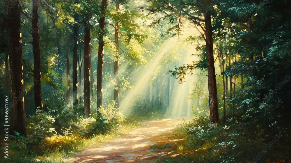 Fototapeta premium Sunbeams Through the Trees on a Forest Path