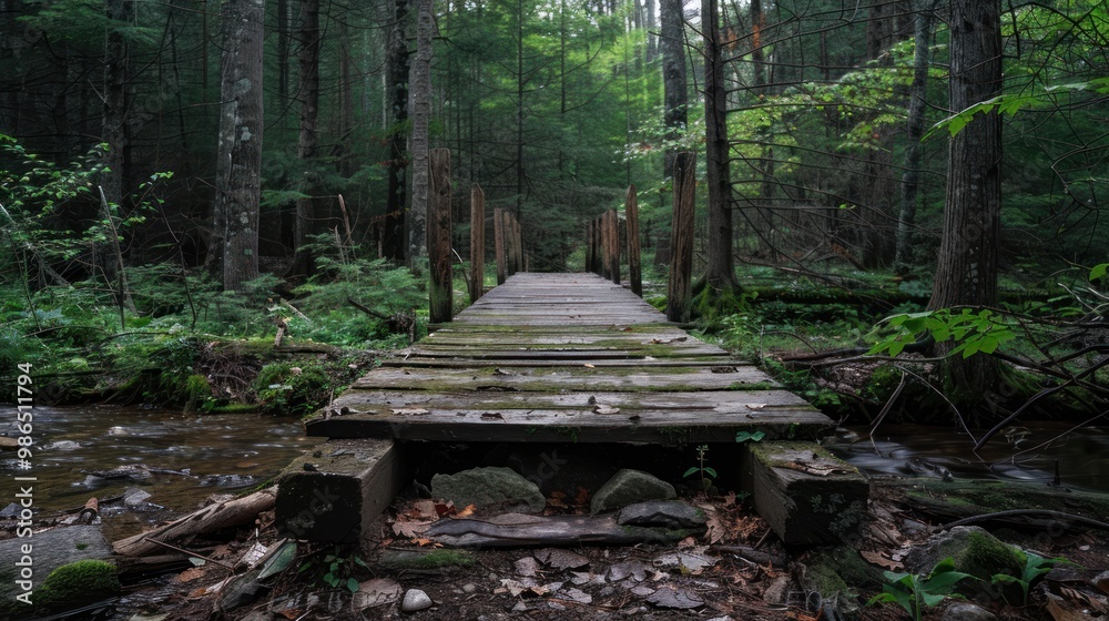 Wooden Bridge in a Lush Forest Wooden Bridge in a Lush Forest