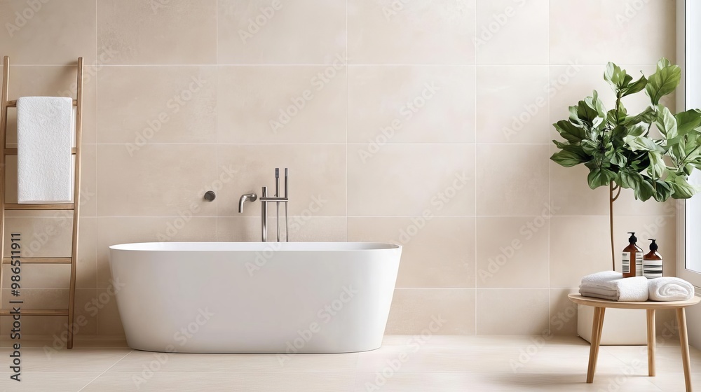 Beige stone-effect tiles with seamless edges in a minimalist bathroom, minimalist bathroom tiles, natural simplicity Beige stone-effect tiles with seamless edges in a minimalist bathroom, minimalist bathroom tiles, natural simplicity