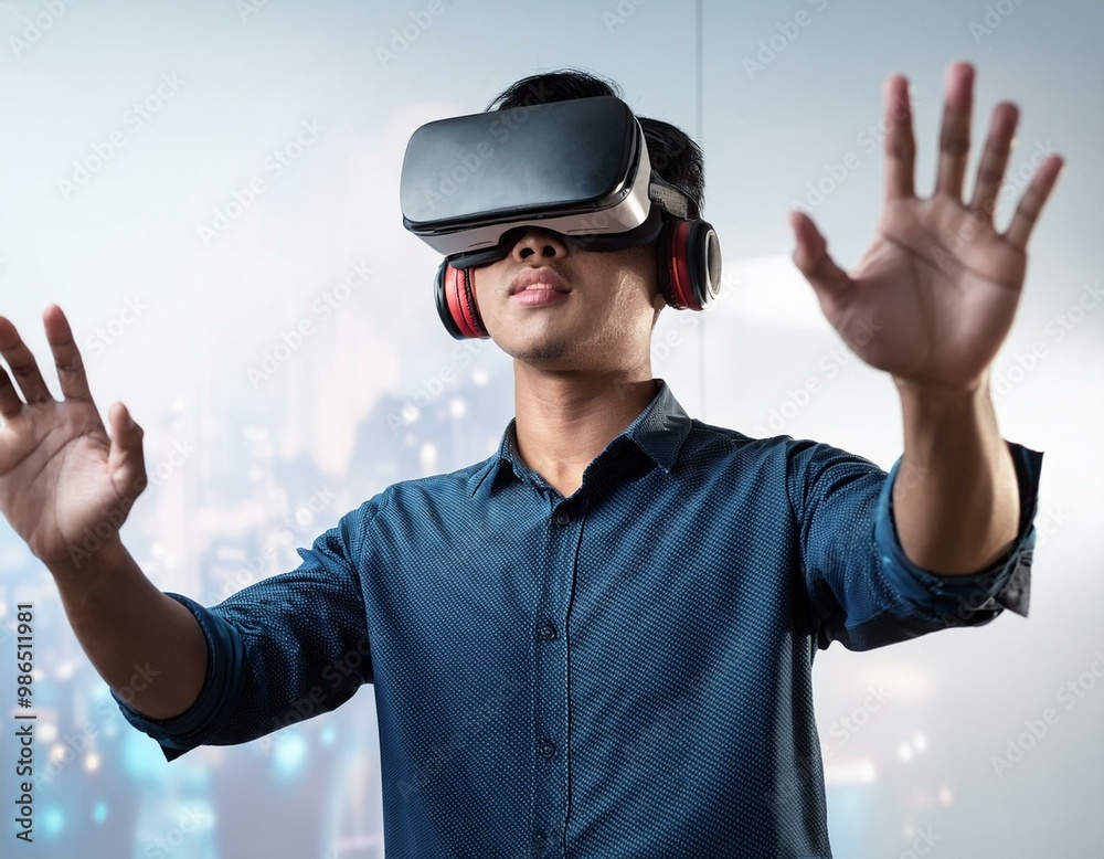Man experiencing virtual reality dissolve effect Man experiencing virtual reality dissolve effect