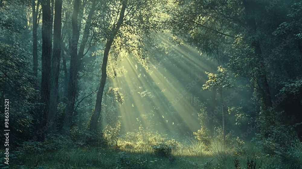 Fototapeta premium Sunbeams Illuminating a Misty Forest