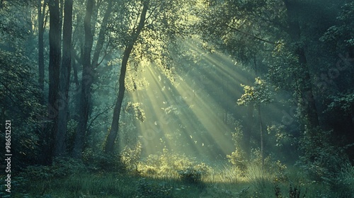 Sunbeams Illuminating a Misty Forest