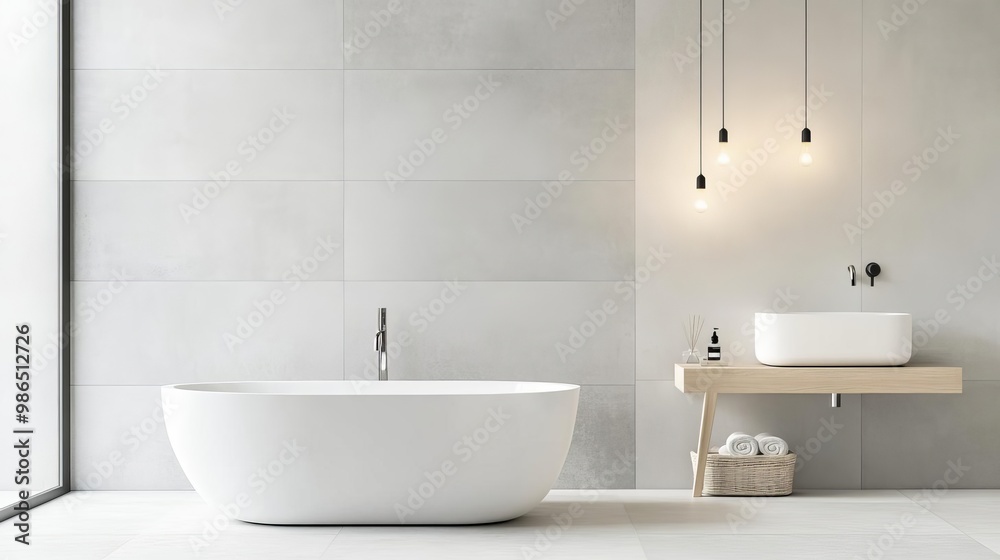 Concrete-look tiles with clean grout lines and soft lighting in a minimalist bathroom, minimalist bathroom tiles, urban chic Concrete-look tiles with clean grout lines and soft lighting in a minimalist bathroom, minimalist bathroom tiles, urban chic
