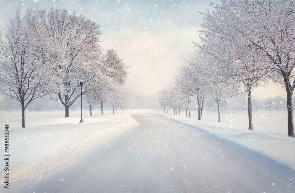 A tranquil winter pathway lined with snow-covered trees on a calm day A tranquil winter pathway lined with snow-covered trees on a calm day