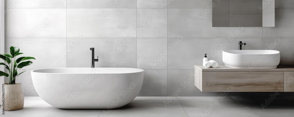 Concrete-look tiles with matte finish and seamless edges in a minimalist bathroom, minimalist bathroom tiles, industrial chic