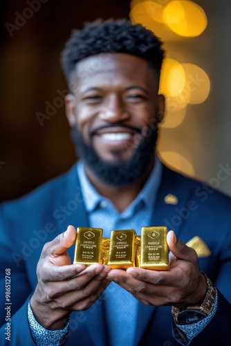 Happy businessman holding gold bars in his hands photo