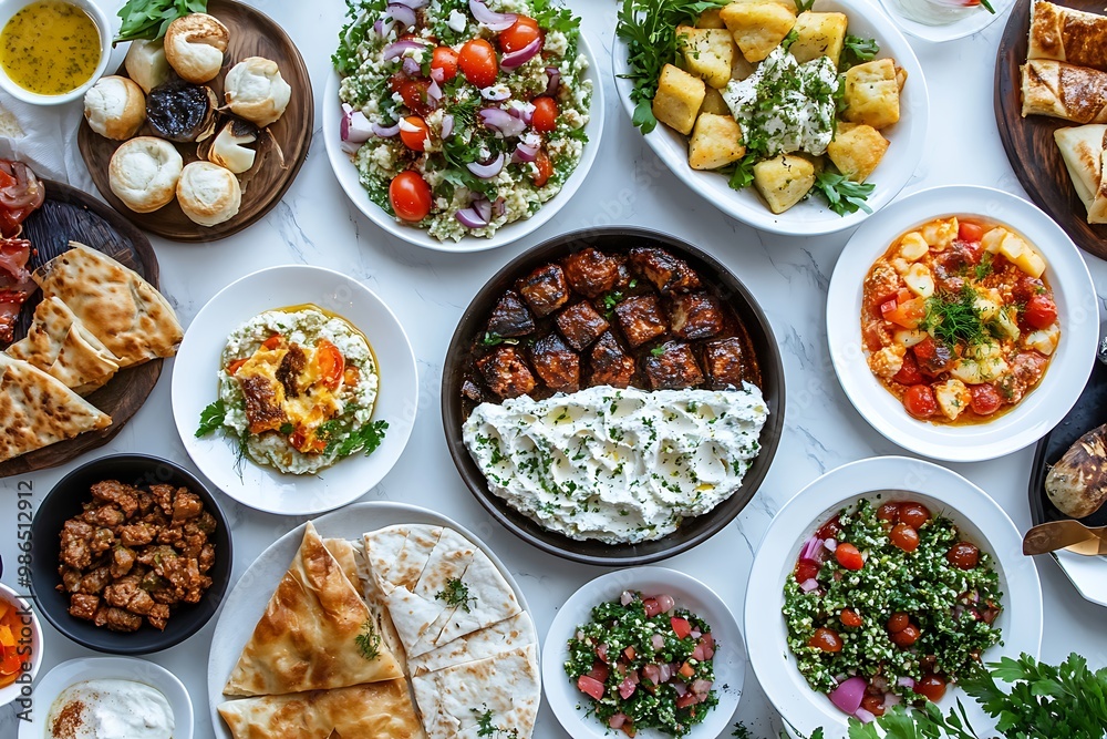 A Spread of Middle Eastern Dishes on a White Marble Tabletop A Spread of Middle Eastern Dishes on a White Marble Tabletop
