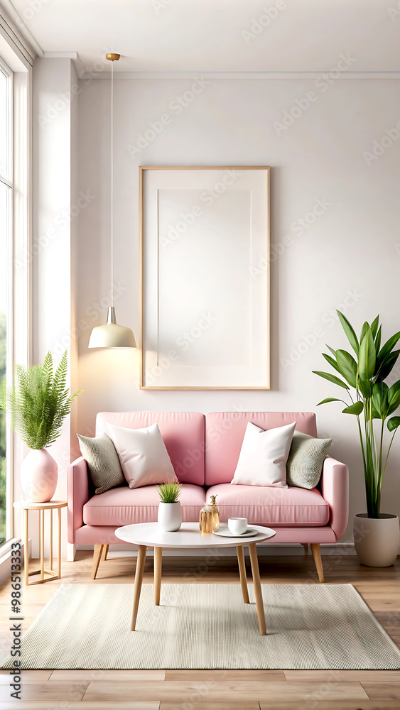 Home interior mock-up with pink sofa, table and decor in living room, 3d render, white Mock up frame Home interior mock-up with pink sofa, table and decor in living room, 3d render, white Mock up frame