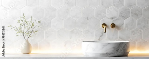 Hexagonal marble tiles with soft lighting in a minimalist bathroom, minimalist bathroom tiles, luxury minimalism