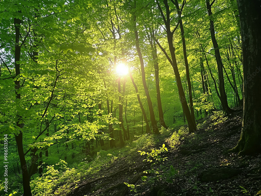 Naklejka premium Sunlight filtering through vibrant green forest in spring