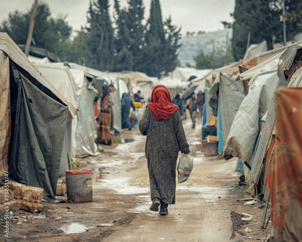 A woman walks through a camp of tents. AI. A woman walks through a camp of tents. AI.