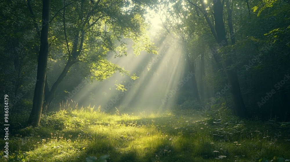 Fototapeta premium Sunlight Beams Through a Misty Forest Clearing