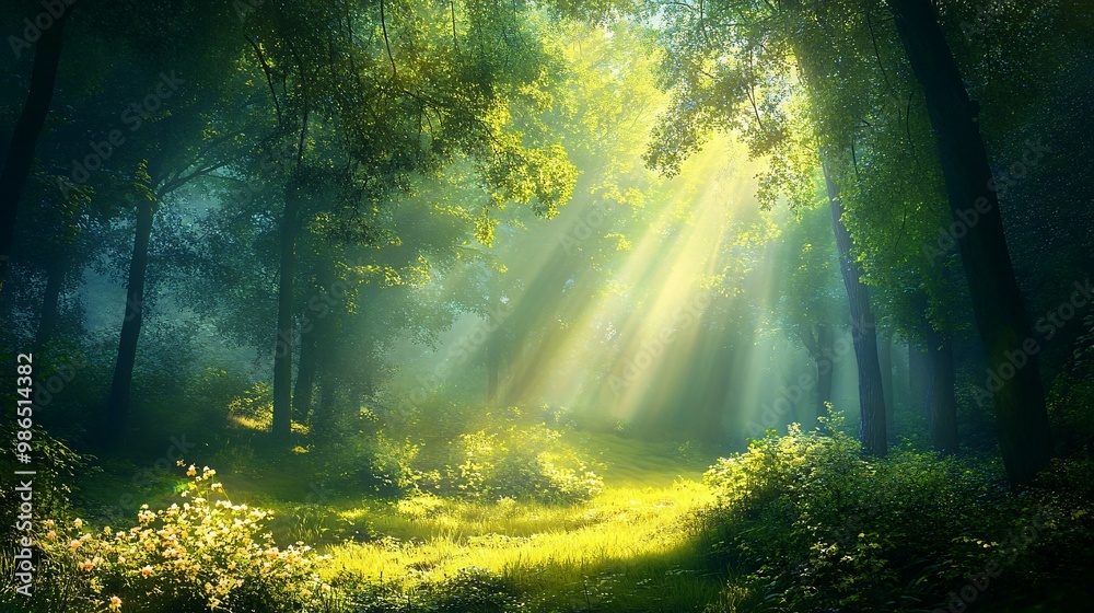 Sunbeams Illuminating a Mystical Forest Path Sunbeams Illuminating a Mystical Forest Path