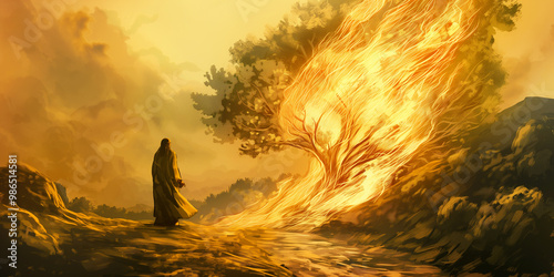 Illustration of Moses stands before the burning bush. Religious biblical concept