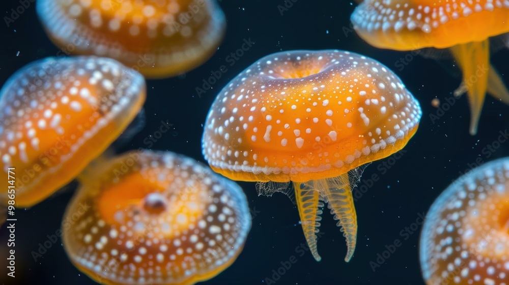 Orange and white jellyfish swimming in a dark blue water. AI. Orange and white jellyfish swimming in a dark blue water. AI.