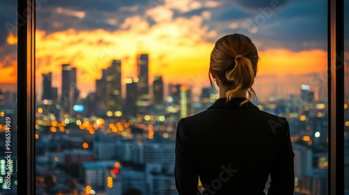 An executive woman in formal attire admires the stunning skyline as the sun sets