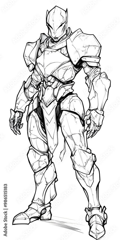 A detailed line drawing of a knight in full armor, rendered in black and white. The knight stands in a powerful pose, ready for battle. A detailed line drawing of a knight in full armor, rendered in black and white. The knight stands in a powerful pose, ready for battle.