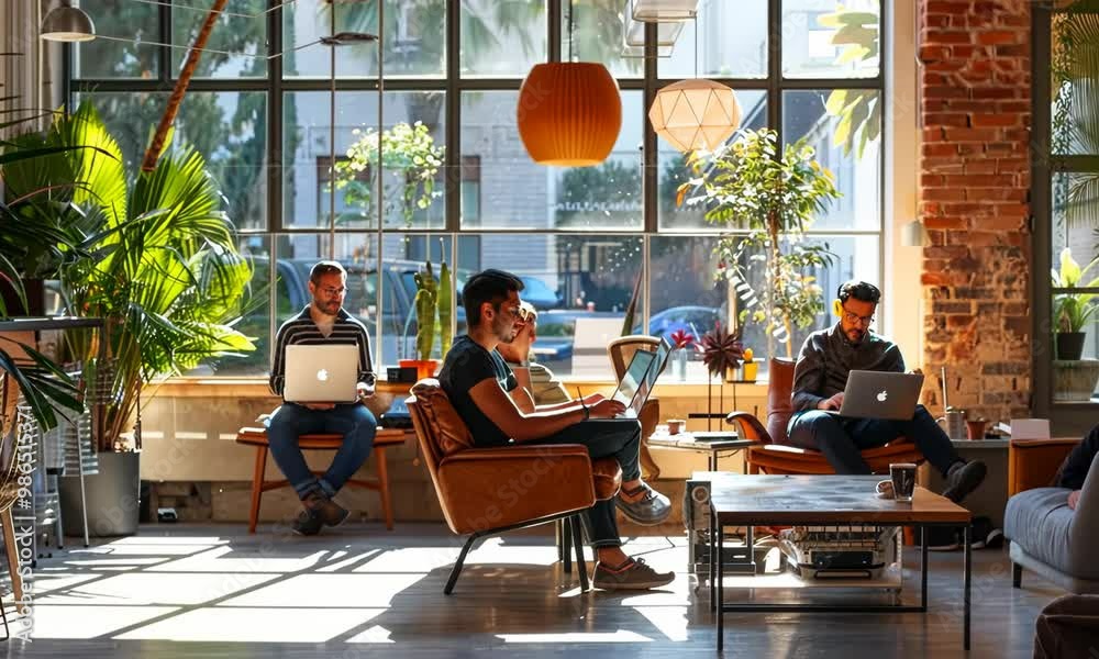 A group of people are sitting in a room with a lot of plants and a few laptops 4K Video A group of people are sitting in a room with a lot of plants and a few laptops 4K Video