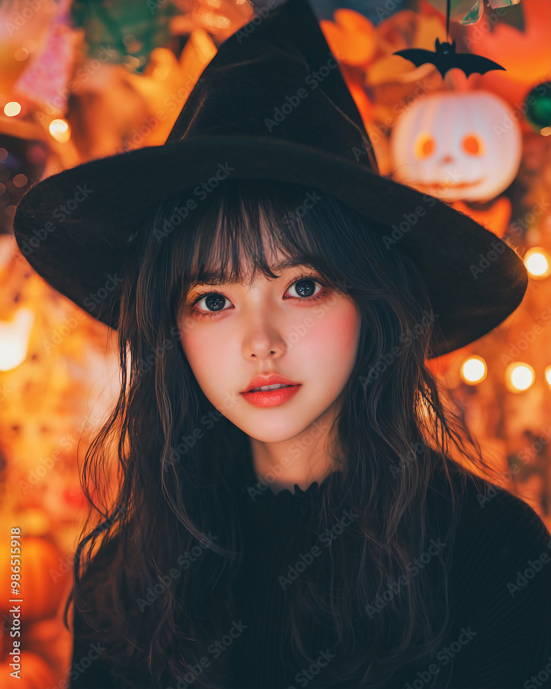 Cheerful Asian teen female wearing a witch cap in a festive Halloween atmosphere. The scene is filled with playful decorations, such as pumpkins, bats, and spooky lights Cheerful Asian teen female wearing a witch cap in a festive Halloween atmosphere. The scene is filled with playful decorations, such as pumpkins, bats, and spooky lights