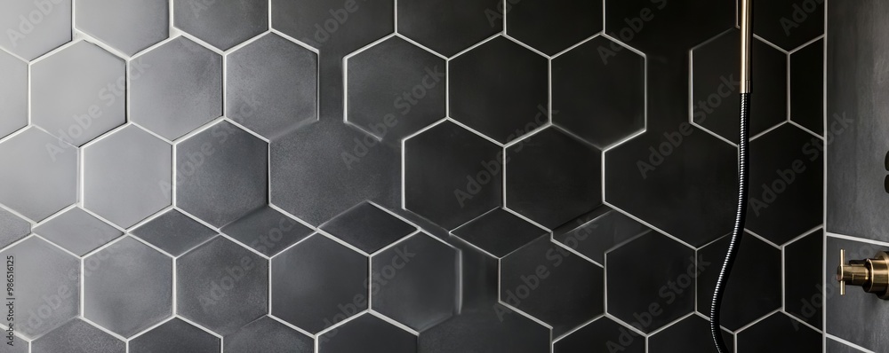 Matte black hexagonal tiles with contrasting white grout in a minimalist shower, minimalist bathroom tiles, bold and geometric Matte black hexagonal tiles with contrasting white grout in a minimalist shower, minimalist bathroom tiles, bold and geometric