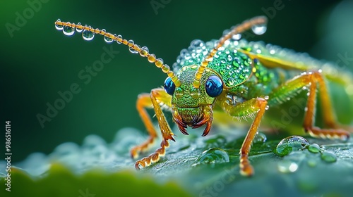 A Dew-Covered Green Beetle With Blue Eyes