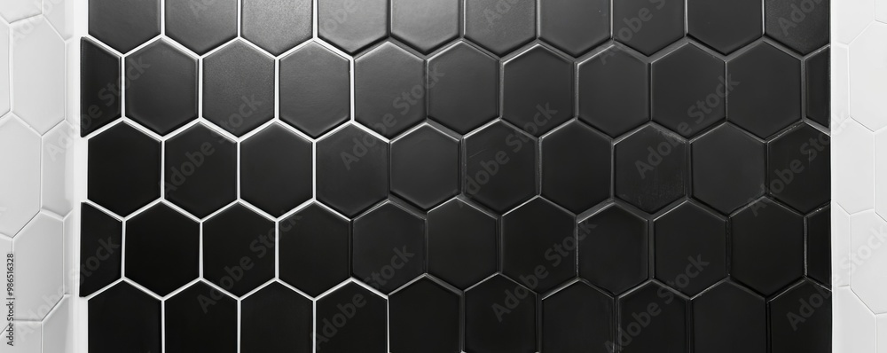 Matte black tiles in a hexagonal pattern with white grout in a minimalist shower, minimalist bathroom tiles, bold and modern Matte black tiles in a hexagonal pattern with white grout in a minimalist shower, minimalist bathroom tiles, bold and modern