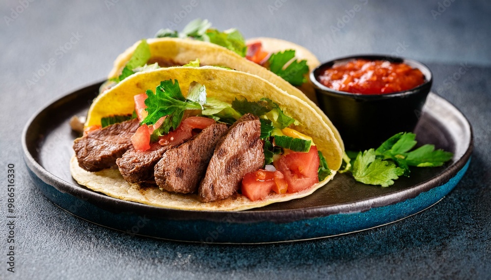 Steak tacos with sliced meet, salad and tomato salsa Steak tacos with sliced meet, salad and tomato salsa