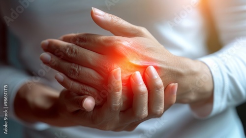 Close-up of a person's hand with a red, highlighted area indicating pain in the wrist. photo