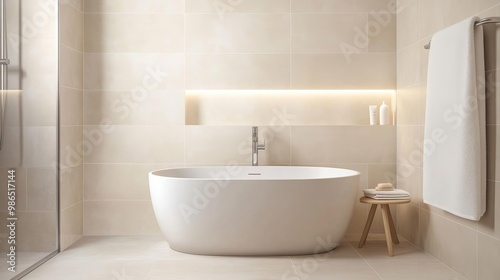 Minimalist bathroom with beige tiles and soft lighting, minimalist bathroom tiles, warm modern style