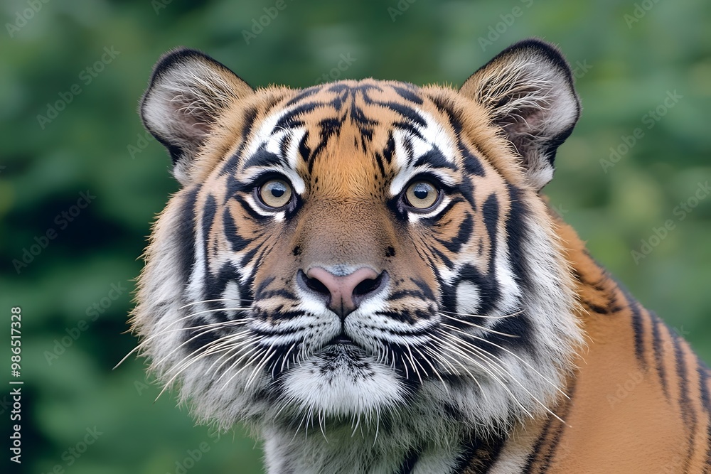 A close-up portrait of a tiger with its eyes fixed on the camera. A close-up portrait of a tiger with its eyes fixed on the camera.