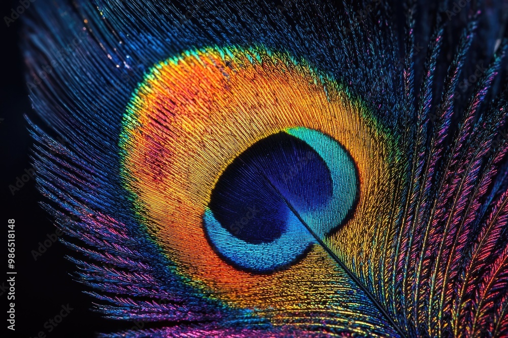 Obraz premium Captivating Macro Shot of a Vibrant Peacock Feather with Intricate Patterns and Iridescent Colors