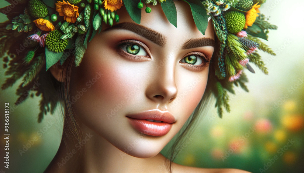 Ethereal beauty portrait of a young woman adorned with a vibrant wreath of spring flowers and lush greenery, her captivating green eyes gleam. Ethereal beauty portrait of a young woman adorned with a vibrant wreath of spring flowers and lush greenery, her captivating green eyes gleam.