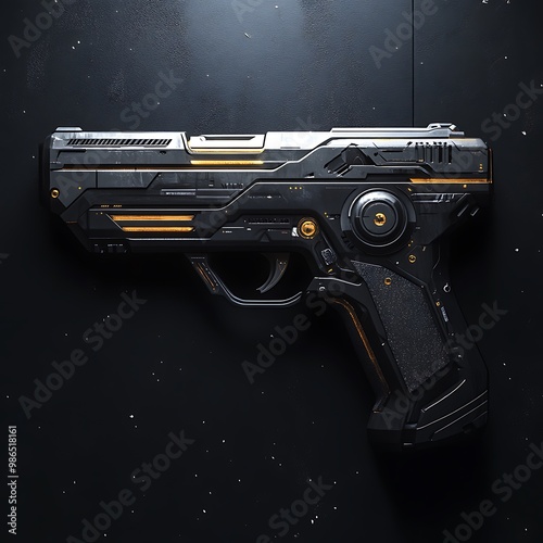 Futuristic Sci Fi Black and Gold Handgun Weapon Illustration