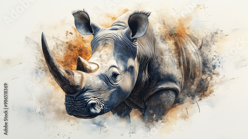 Rhinoceros on abstract watercolor background.

