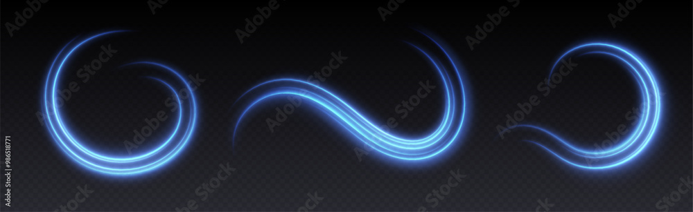 Glowing blue light swirls with smooth, flowing curves. Light effect in motion concept. Vector illustration.