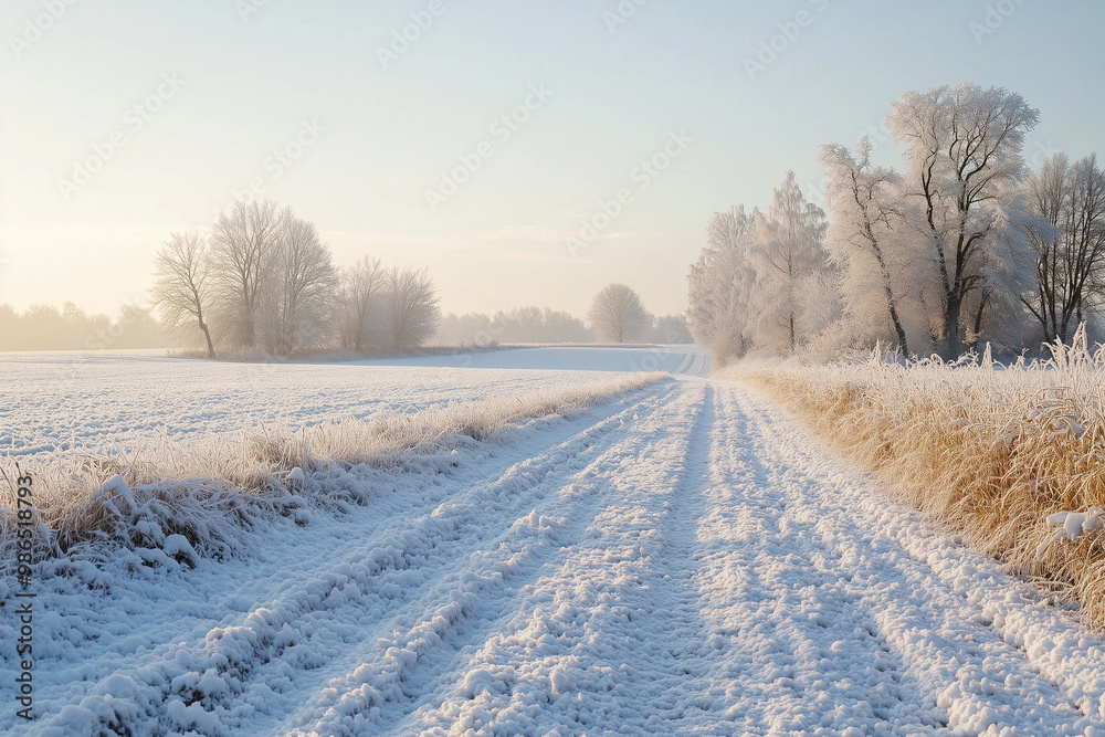 Snowy countryside road lined with frosted trees at sunrise Snowy countryside road lined with frosted trees at sunrise