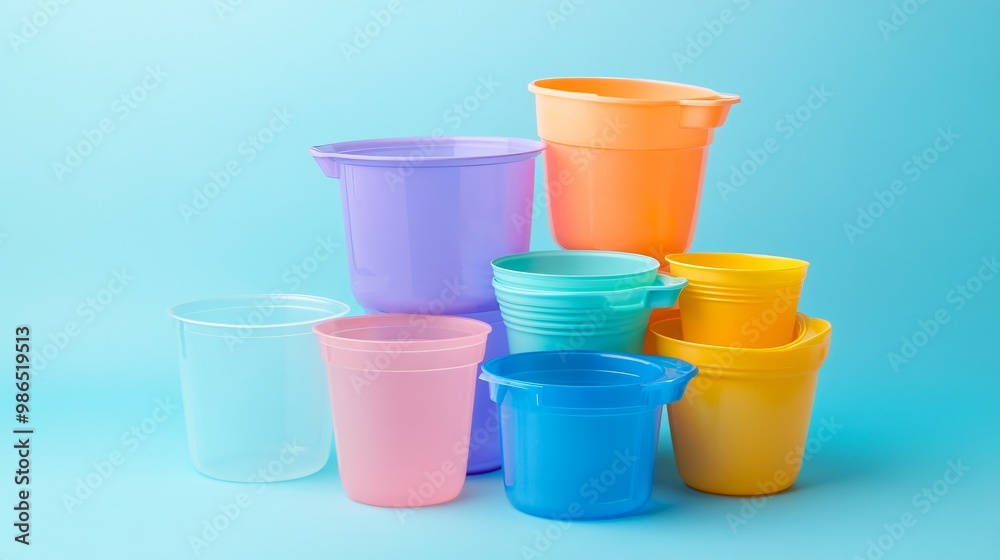 A collection of plastic measuring cups, isolated on a bright pastel blue background A collection of plastic measuring cups, isolated on a bright pastel blue background