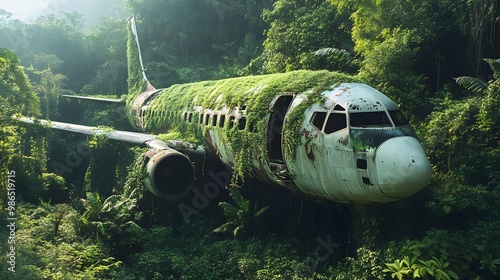 Wallpaper Mural Crashed Plane Abandoned in the Middle of the Forest Covered with Vegetation, Photo Realistic, Standard Background, Wallpaper, Cover and Screen for Smartphone, PC, Laptop, 9:16 and 16:9 Format Torontodigital.ca