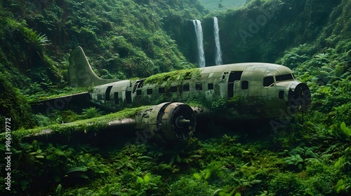 Wallpaper Mural Crashed Plane Abandoned in the Middle of the Forest Covered with Vegetation, Photo Realistic, Standard Background, Wallpaper, Cover and Screen for Smartphone, PC, Laptop, 9:16 and 16:9 Format Torontodigital.ca